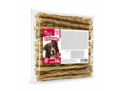 Nakloněný e-shop packshot produktu Akinu Tyčinky z přírodní kroucené kůže pamlsek pro psy 12,5 cm 50 ks (RegCis 204885) na bílém pozadí. Produkt beze změny převzat z aktuální produktové fotky, náklon, světlo a stín sjednoceny podle schváleného packshotu 204906.