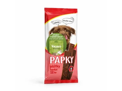 Packshot Akinu PAPKY Hovězí plátky pamlsek pro psy 12 ks (205845) na bílém — natočení sjednocené podle vzoru 174027 (řada Papky).