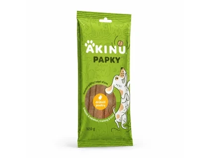 Packshot Akinu PAPKY Drůbeží plátky pamlsek pro psy 120 g (174018) na bílém — natočení sjednocené podle vzoru 174027 (řada Papky).