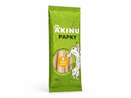 Packshot Akinu PAPKY Tyčinky pamlsek pro psy na srst a kůži 120 g (174019) na bílém — natočení sjednocené podle vzoru 174027 (řada Papky).
