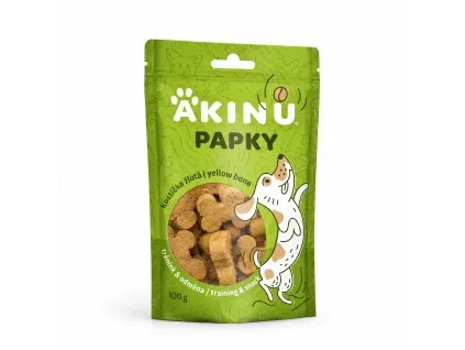 Packshot Akinu PAPKY Kostička žlutá 100 g (174027) na bílém — schválený VZOR natočení pro celou řadu Papky pamlsků pro psy.