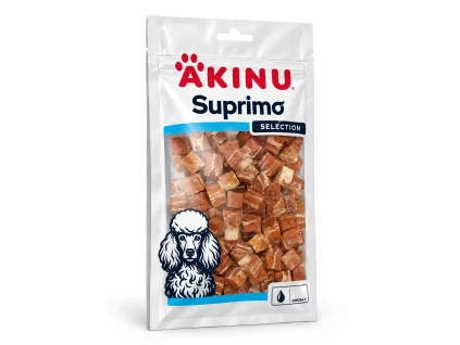 Packshot Akinu SUPRIMO SELECTION Losos kostky 75 g (176286) na bílém, 1:1 — náklon sjednocený podle schváleného packshotu 282042 (asset a40d8e54), schválila Žanet.