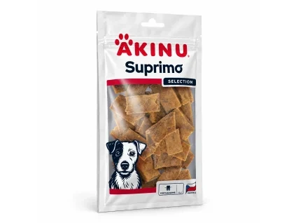 Packshot Akinu SUPRIMO SELECTION Dental pamlsek pro psy 75 g (282042) na bílém, 1:1 — náklon a natočení sjednocené podle packshotu SKU 176249 (asset 47c3c87d), varianta v1 ze 4 (schválená Žanet).