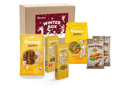 Skupina produktů Akinu na bílém pozadí, včetně krmiva a pamlsků.