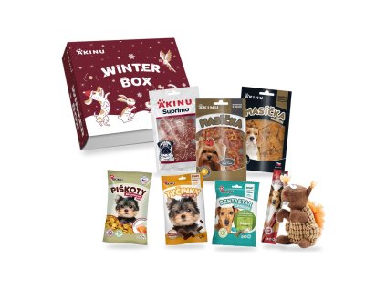 Packshot vánočního boxu Akinu VÁNOČNÍ box pro malé mlsné psy (147500) na bílém pozadí, 1000 × 1000 px. Krabice WINTER BOX + pamlsky: Bezlepkové Mini piškoty 173010, MASÍČKA Kuřecí proužky 204809, SALAMI Hovězí tyčka 204712, DENTASTAR Mini 204723, MASÍČKA PREMIUM Dental 176278, Játrové tyčinky s L-carnitinem 205795, SUPRIMO Kachní s treskou mini steak 176245 a hračka ČESKÝ LES Textilní veverka zubatá 190247. Složeno z oficiálních maket a packshotů produktů.