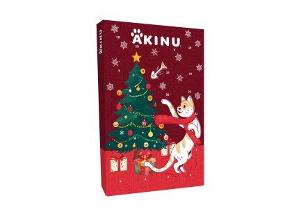 Adventní kalendář s vánočním stromkem a kočkou na červeném pozadí.