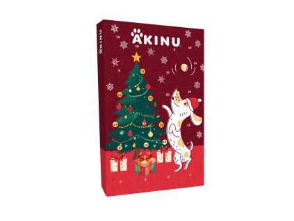 Vánoční adventní kalendář s motivem psa a vánočního stromku na červeném pozadí.