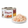 Packshot se surovinou — Vitality Kuřecí & krevety 263016, podle vzoru 263039. Reference obalu = e-shop packshot z BaseLinkeru (2bcb7d8f), v Heliosu chybí štítek Maketa.