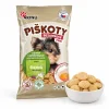 Packshot SKU 173010 (Akinu Bezlepkové Mini piškoty 120 g) + mini piškoty v bílé misce, 2k 1:1, náklon podle skillu. Obal: aktuální Piškoty se samolepkou „Již brzy v novém obalu“ (asset d8615b68); surovina z Heliosu (173010 surovina 2.jpg, doc 213626). Pamlsek = nad rámec skill-defaultu na žádost uživatelky. Vybrána v2 ze 2.