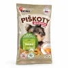 Packshot SKU 173010 (Akinu Bezlepkové Mini piškoty 120 g) — sólo na bílém, 2k 1:1, náklon podle skillu (~15°, pravá strana vpředu). Obal: aktuální Piškoty se samolepkou „Již brzy v novém obalu“ (reference asset d8615b68 nahraná uživatelkou) — maketa PAPKY v Heliosu je nový design, zatím nepoužita. Vybrána v2 ze 2.