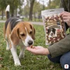 Lifestyle Masíčka 204867: beagle v parku přichází k pamlsku v dlani, plný 300g sáček ve správné velikosti (26×20 cm). Etiketa dle packshotu 204e01ba.
