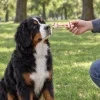 Lifestyle: bernský salašnický pes sedí v parku, ruka majitele mu podává vícebarevný uzel z buvolí kůže 18 cm (204857). Bez obalu.