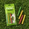 Flat-lay shora na zelené trávě: sáček PAPKY tyčinek 204042 leží naplocho, vedle čtyři volné barevné tyčinky 12,5 cm. Přirozené denní světlo, fotorealistické.