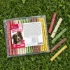 Flat-lay shora na zelené trávě: XXL balení tyčinek 204320 (100 ks) leží naplocho, vedle pět volných barevných tyčinek 12,5 cm. Přirozené denní světlo, fotorealistické.