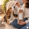 Lifestyle SKU 204603 (Akinu Kosti sušenka se zinkem 1 000 g) — obývák, majitelka sedí na koberci se sáčkem na klíně, bígl se opírá o její nohu a očichává sušenku. Evergreen, pozdní odpoledne, zlaté světlo, útulný mood. Maketa v Heliosu chybí — reference: sólo packshot a4745c6b (job ce4bbb7f) + BaseLinker foto 1be2e52c. 2k 1:1, vybrána v2 ze 2.