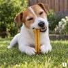Lifestyle: jack russell teriér leží na trávě na zahradě, drží v tlapkách buvolí kost 12 cm (204049) a okusuje ji. Tvar podle produktové fotky z Baselinkeru. Bez obalu.