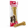 Nakloněný packshot žvýkadla 204047 na bílém pozadí, před balením vpravo dole jedna kost 22 cm vyjmutá z balení.