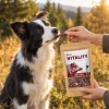 Lifestyle Divočák jerky 176168 – border kolie, příroda (podzimní louka), ruka podává pamlsek. Vitality pravidla.