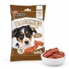 Packshot SKU 204731 (Akinu BACONIES Slaninky 85 g) + slaninky v bílé misce, kompozice dle 173009 (c0fd1d7f). V Heliosu chybí maketa i surovina — obal z BaseLinker packshotu 8453dd67, vzhled plátků z BaseLinker lifestyle 63b5497d (délka ~7–8 cm odhad). 2k 1:1, v2 ze 2.