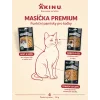 Řadová infografika MASÍČKA PREMIUM funkční pamlsky pro kočky (Hair & Skin, Heart & Eyes, Hairball Control) — kočka uprostřed, produkty radiálně s benefit callouty. Experiment radial benefit map.
