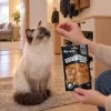 Lifestyle Akinu Masíčka Premium Hairball Control pro kočky 50 g (282039) — ragdoll klidně sedí na koberečku v běžné české předsíni a čeká na pamlsek podávaný z prstů majitele, který drží sáček; teplé podvečerní světlo. Varianta s1 ze 2.