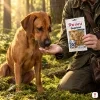 Lifestyle 282041 Mobility 75 g – Rhodesian Ridgeback si bere pamlsek z ruky majitele (olivová lovecká bunda), sáček v druhé ruce, mechový smrkový les, ranní zlaté světlo, evergreen, 1:1.