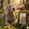 Lifestyle — Akinu SUPRIMO SELECTION Dental pamlsek pro psy 75 g (282042), Weimaraner leží v mechovém lese a sleduje pamlsek v ruce majitele v lovecké bundě, sáček opřený o pařez, ranní zlaté světlo, evergreen, 1:1 (schválená Žanet).