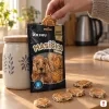 Lifestyle kuchyně – sáček 75 g opřený o sklenici na běžné kuchyňské lince, ruka bere lososové kolečko ze sáčku, odpolední světlo