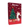 Vánoční adventní kalendář s motivem psa a vánočního stromku na červeném pozadí.
